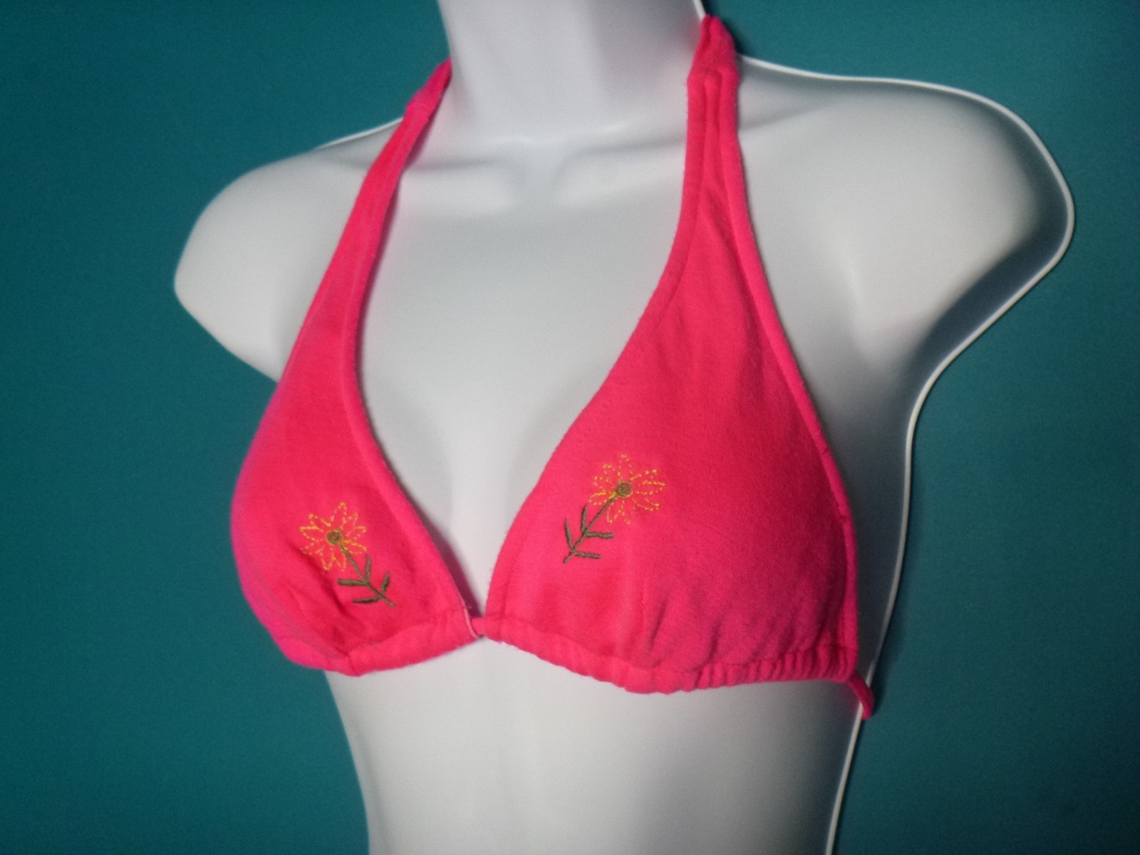Vtg 70s Sears Jr Bazaar Hot Pink Knit Bikini Embroidered Flowers Heart Sz S