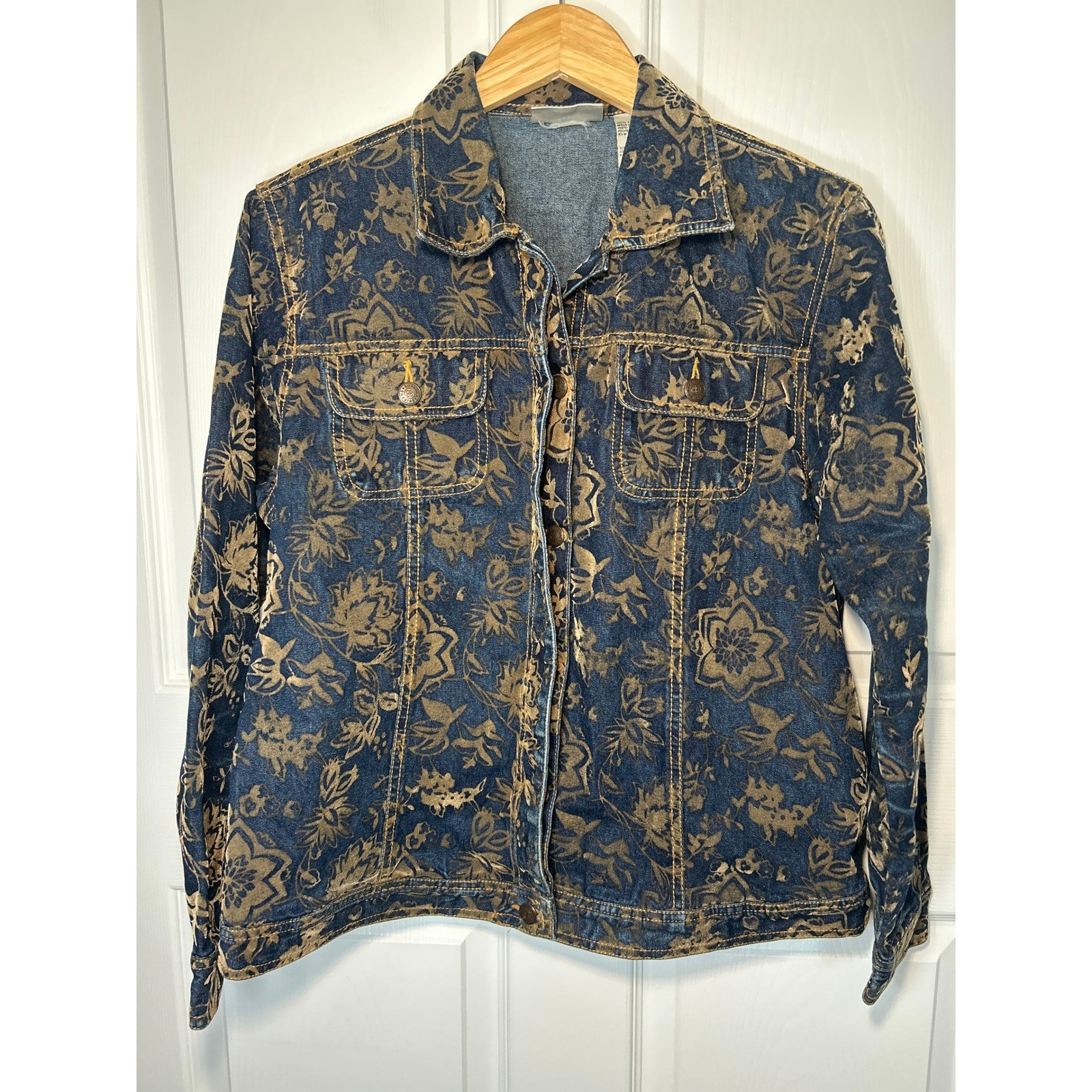 Bill Blass Jeans Vintage 90’s Floral Printed Denim Jacket Blue Tan Size P Large