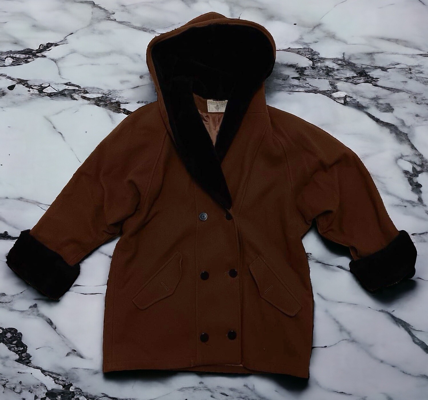 Vintage International Scene Women Coat with Plush Collar Hood Sz 12 RN25585