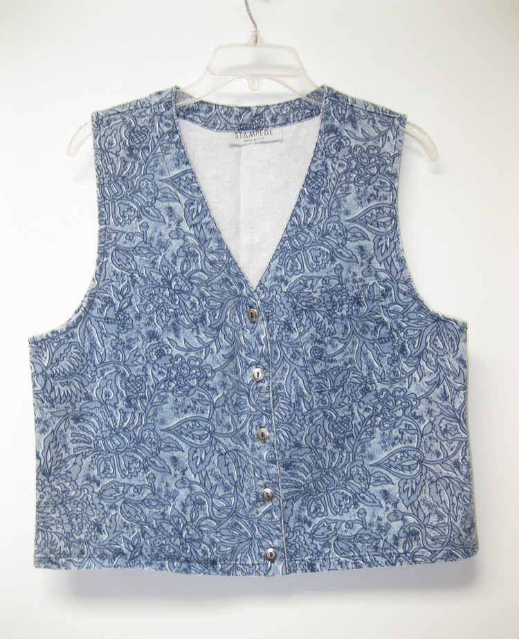Vintage 1980s Stampede Blue Floral Cotton Denim Button Down Vest Women’s M USA