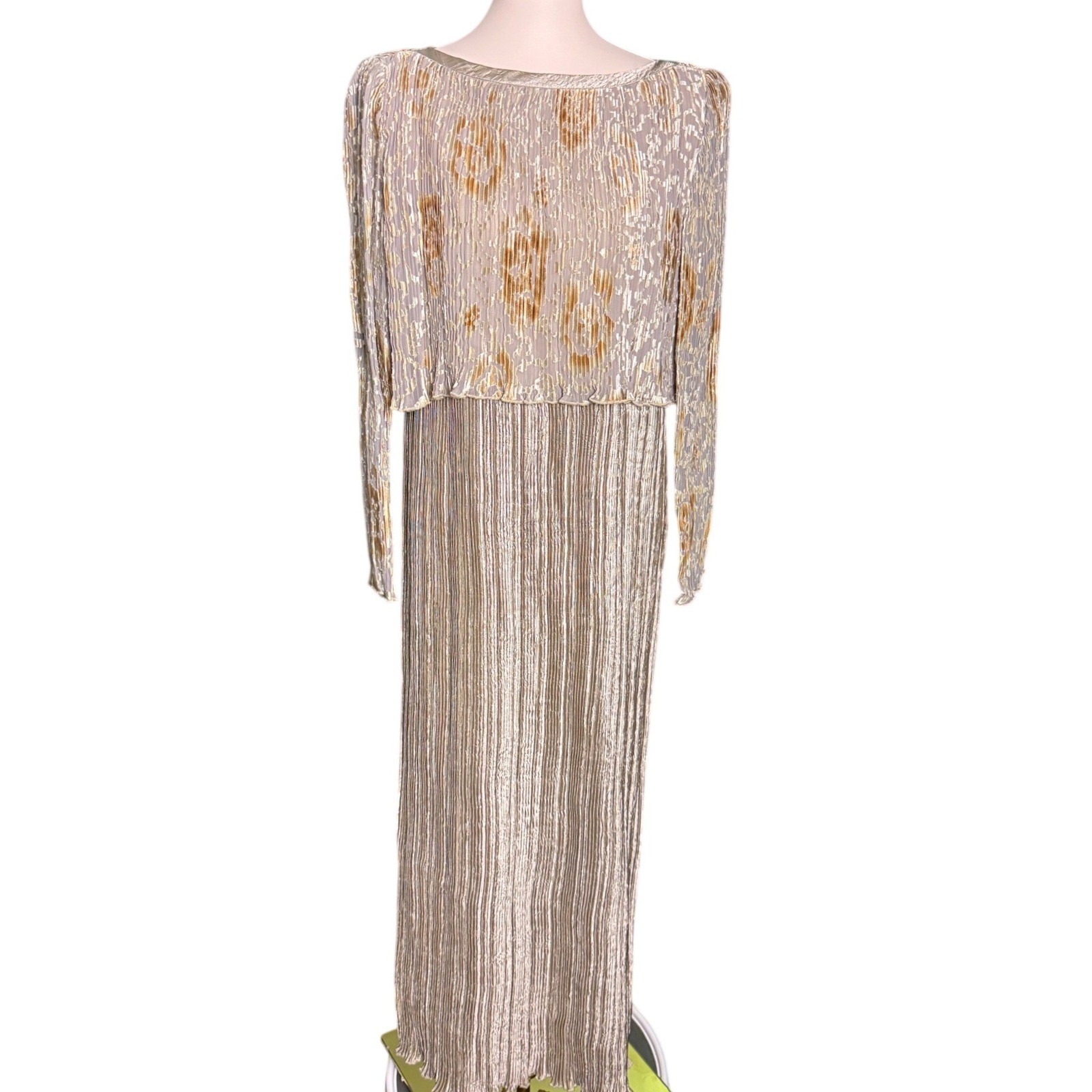Jeanne Marc Vintage champagne Gold Burnout Micro Pleated Maxi Dress Size S 8/10