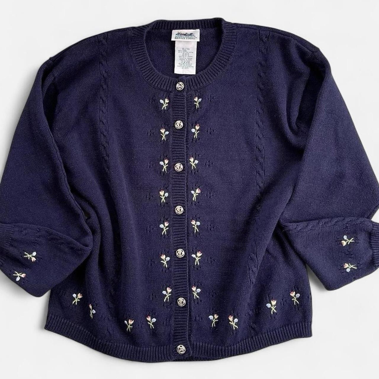 Vintage Northern Reflections Navy Blue Knit Pink Embroidered Flowers Cardigan