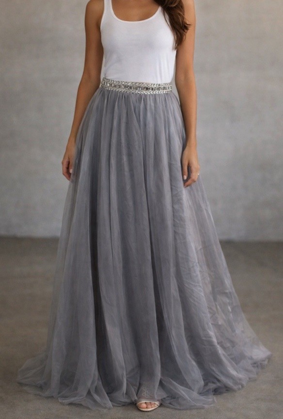 VTG Camille La Vie Gray Tulle Maxi Skirt Size 3 Beaded Waist Fairy Princesscore