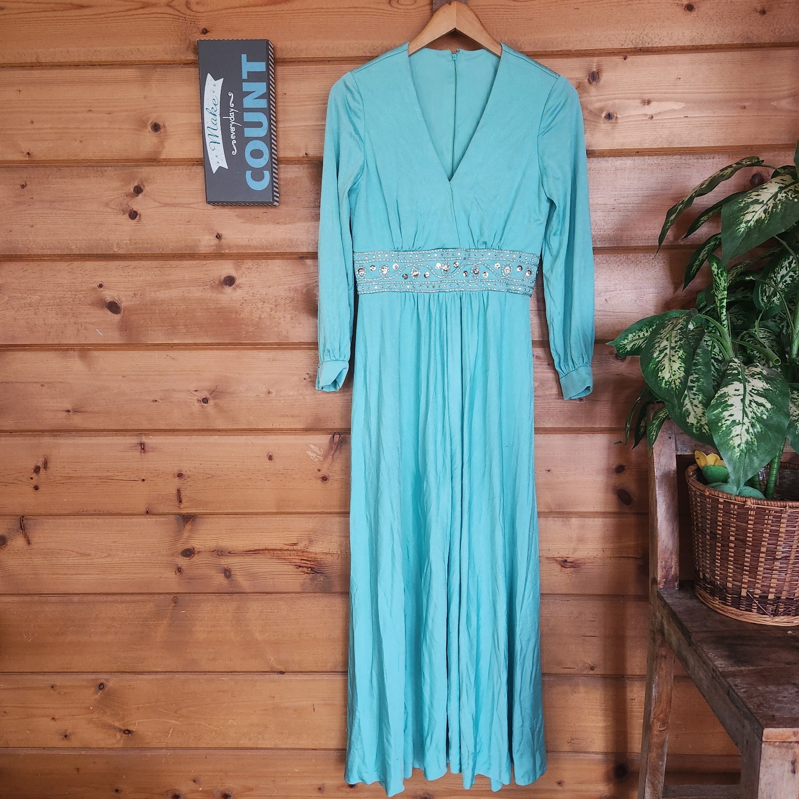 ILGWU Vintage 70s Maxi Dress Empire Waist Praire Retro Sequin Embellish Sz 26/2