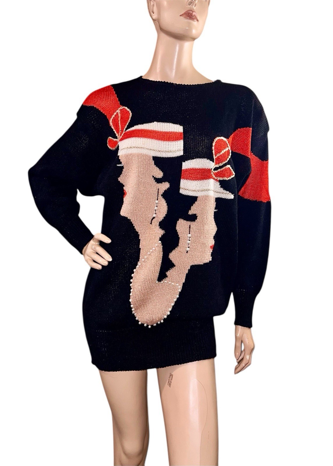 Vtg Maurada Flapper Girl Christmas Embellished Pearl Oversize Sweater Whimsigoth