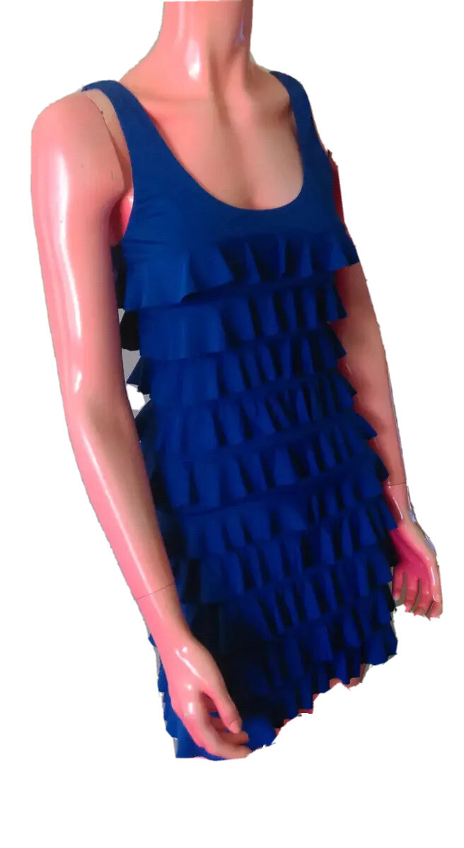 Vintage Reem Elastane Blue Layered Ruffles Ladies Mini Party/cocktail Dress S 8