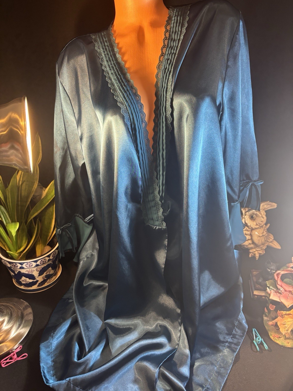 Satin SOFT SHINY TEAL TROPIC NIGHTIE ROBE Peignoir Robe Nightgown Gown 2X 54″
