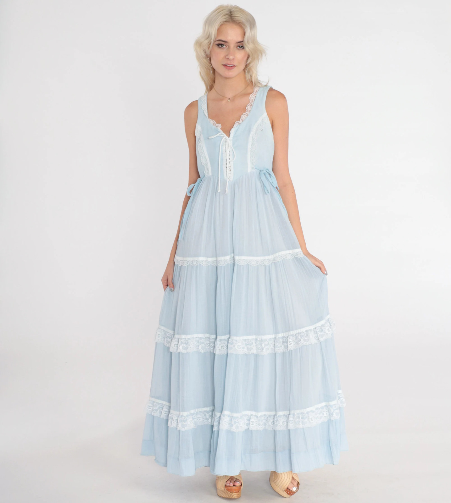 70s Gunne Sax Dress S Baby Blue Sundress Vintage Prairie Maxi Bohemian Lace Up S