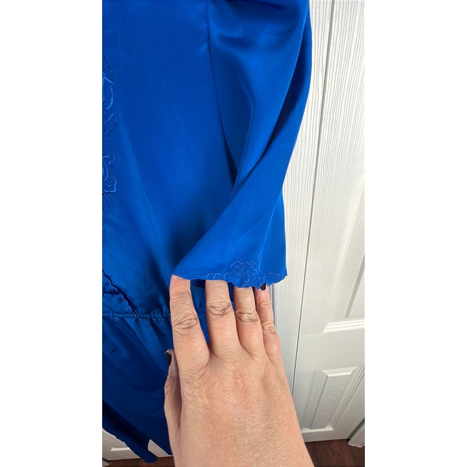 Vintage 80s Electric Blue Secretary Dress Cutout Lace Puff Sleeve XS/4 New Wave