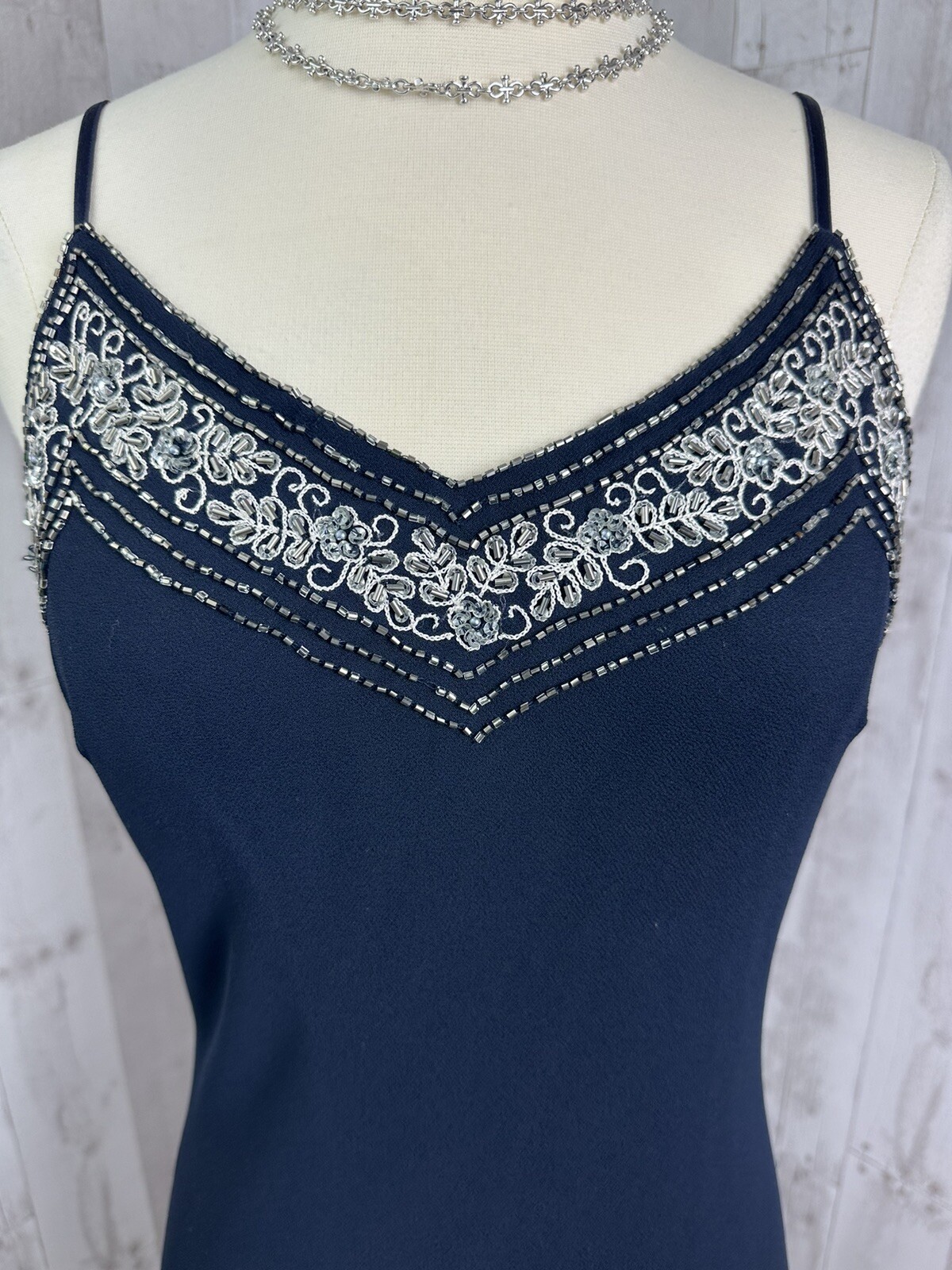 Vintage 90s J Kara Beaded Slip Dress Bias Cut Chiffon Overlay Flapper Dance Y2K