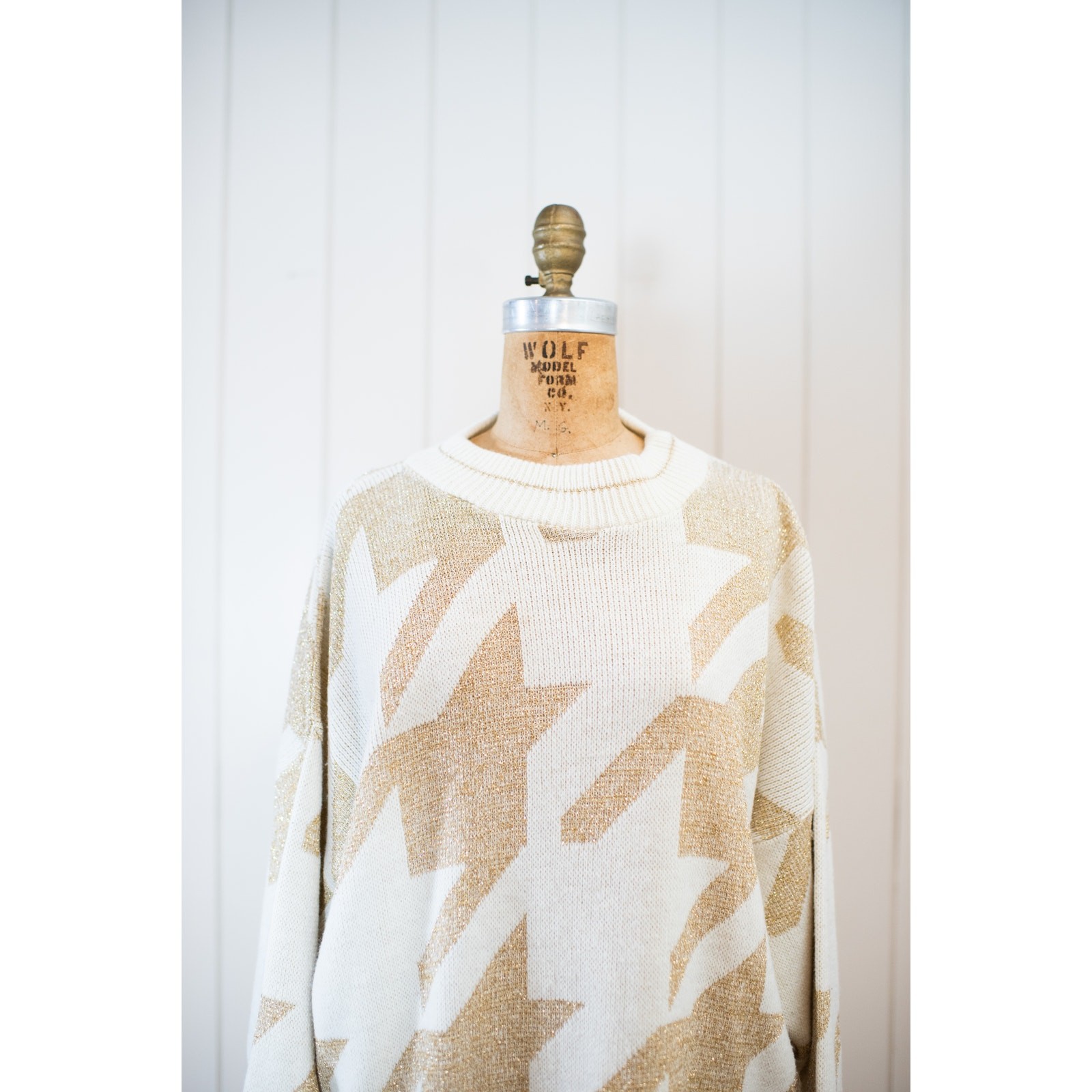 Vintage 80s Abstract Origami Sweater Cream Gold Metallic Artsy Neutral Knit, Lg