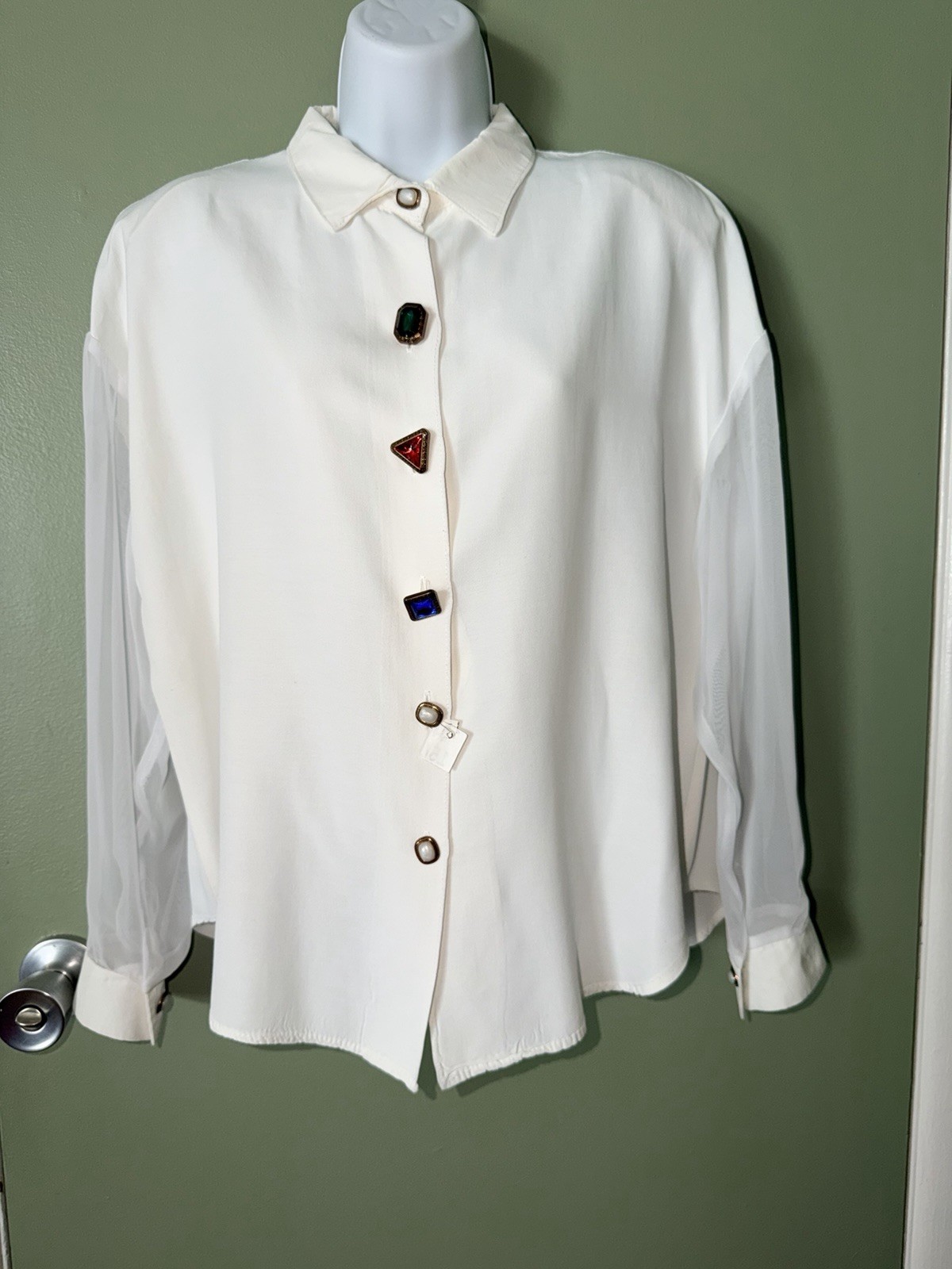 VTG 80’s FLORY USA 100% Rayon Jewel Button Down Chiffon Shirt Size M Hudson’s