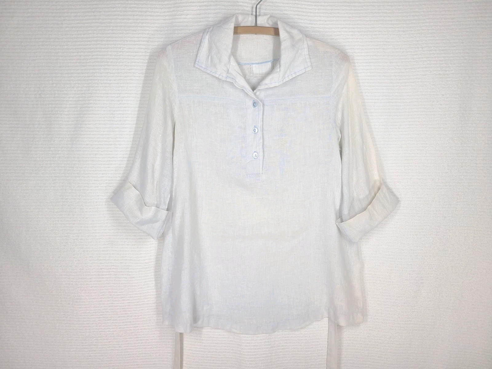 Vintage 70s Gauze Boho Top 100% Cotton Light Chambray Blue Tie Back Medium