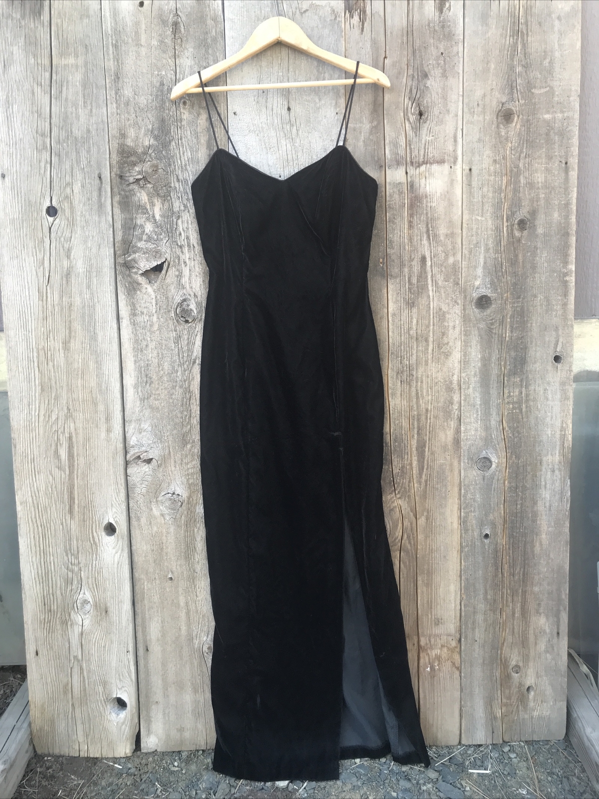 Vintage 90s Black Velvet Spaghetti Strap Maxi Dress w/ Slit Size 11/12