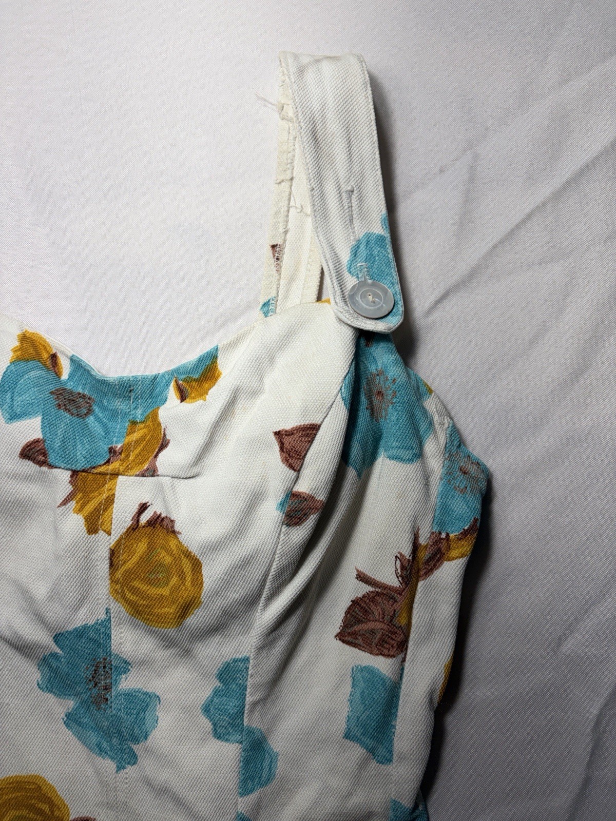 Vintage 1950s White Floral One Piece Swimsuit With Turquoise And Mustard Flowers
