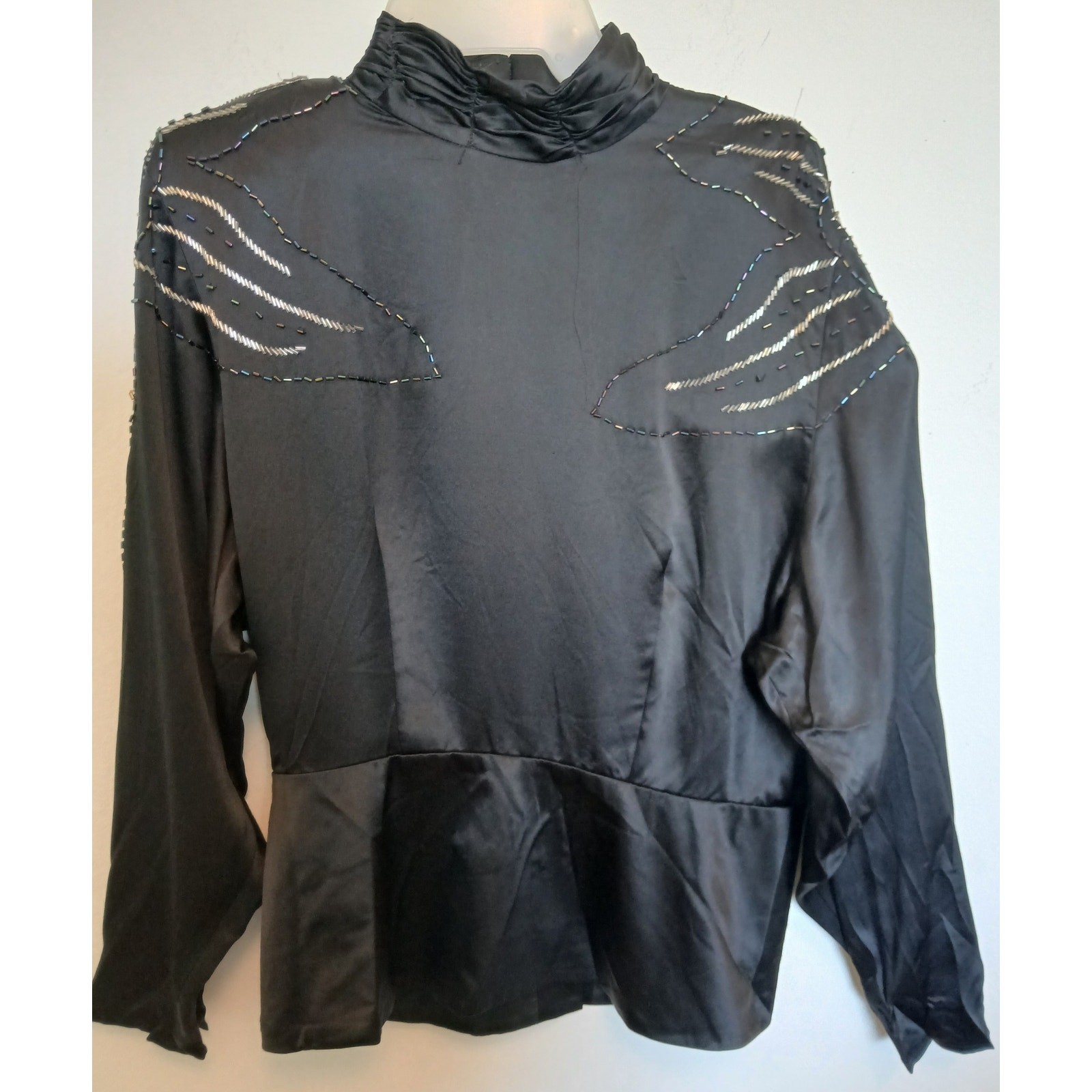 VTG 1980s Black Silk Beaded High Neck Peplum Waist Blouse Cocktail Party Top 10