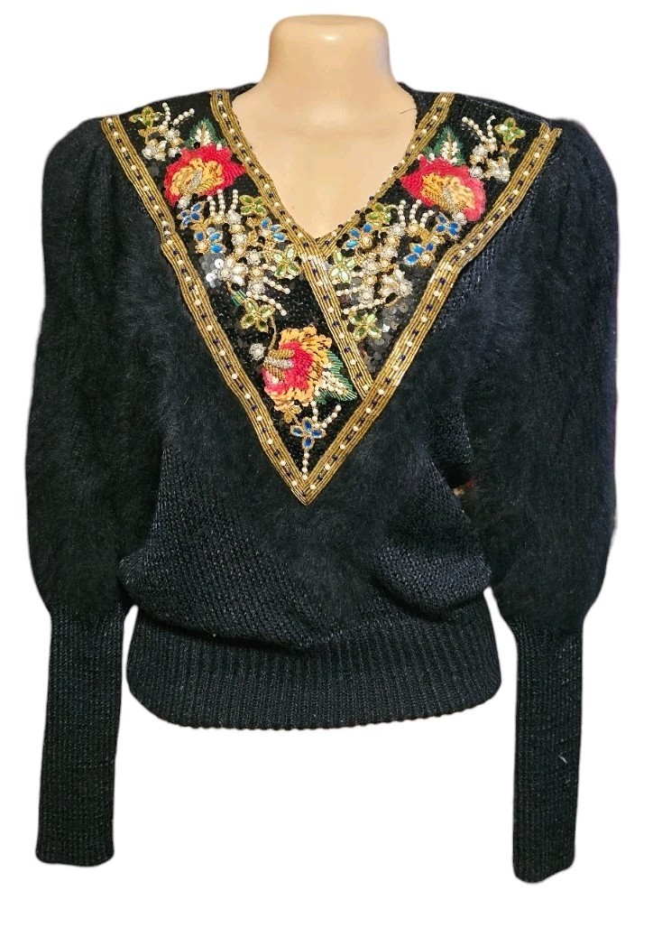 Vtg 80s Fluffy Angora Blend Embellished Sweater SIDE EFFECTS Women M Retro Glam