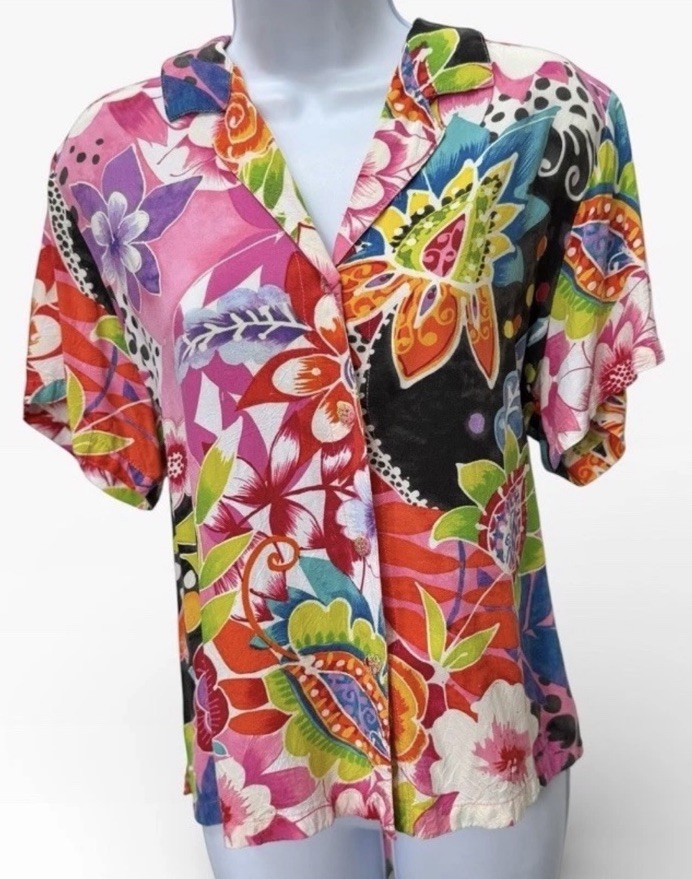 Vtg 80’s Jam’s World Hawaiian Floral Button Up Shirt Size L/XL Collar Bright