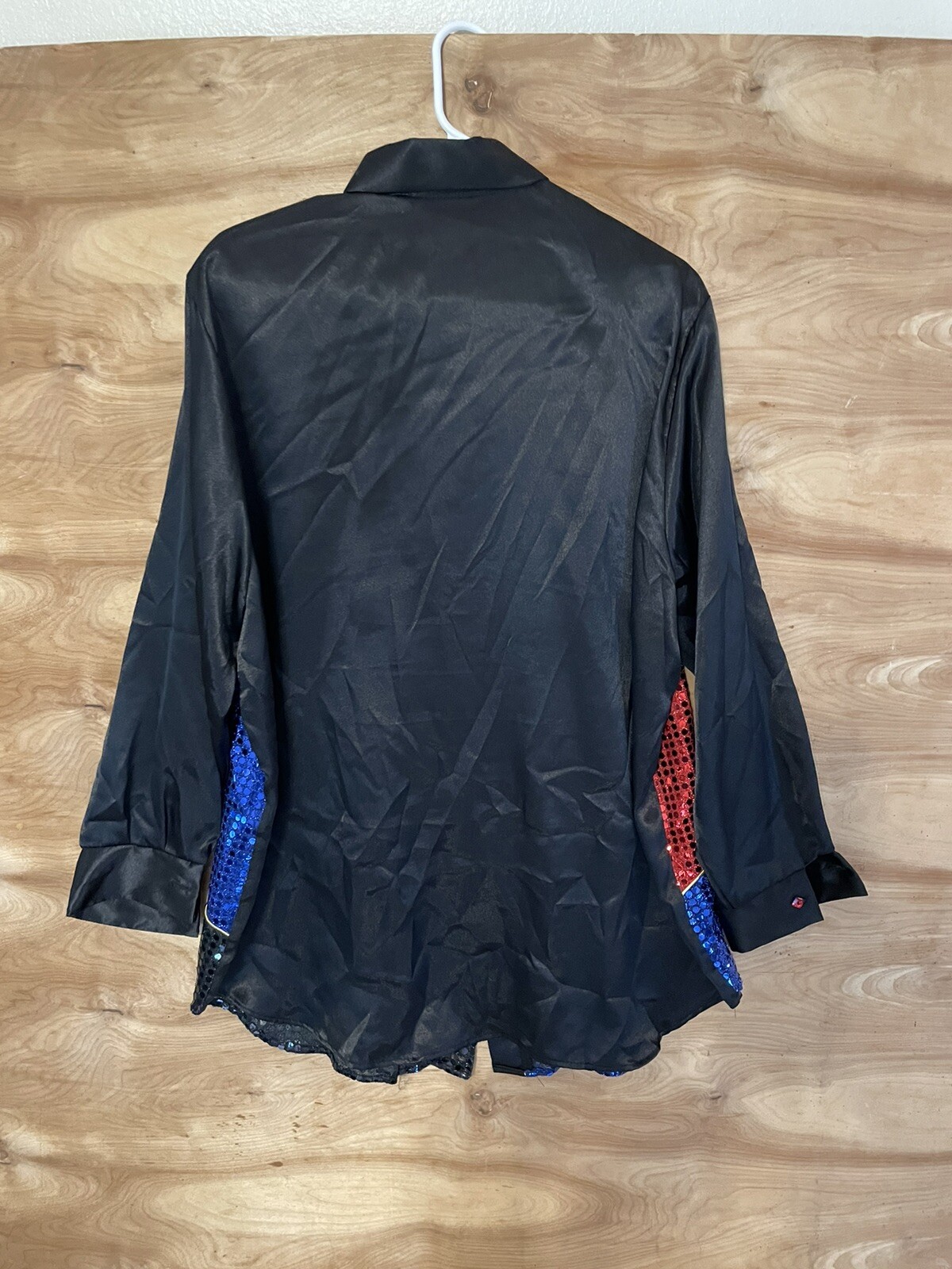 VTG Silver Threads Womens XLBlack Satin Sequins red blue western Top Shirt USA