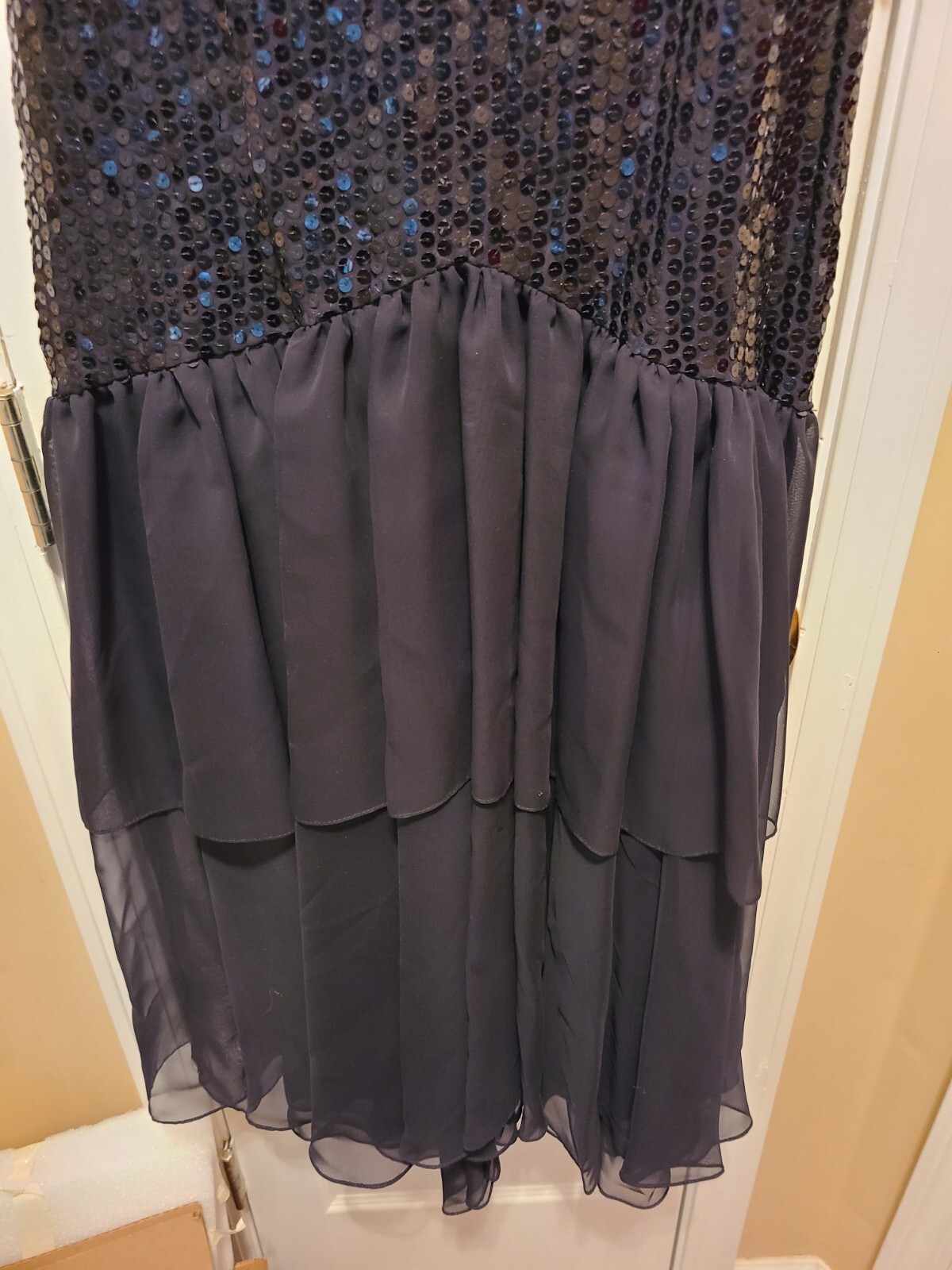 Sequined Evening Cocktail Dress Black With Chiffon Tier Skirt ILGWU USA Vintage