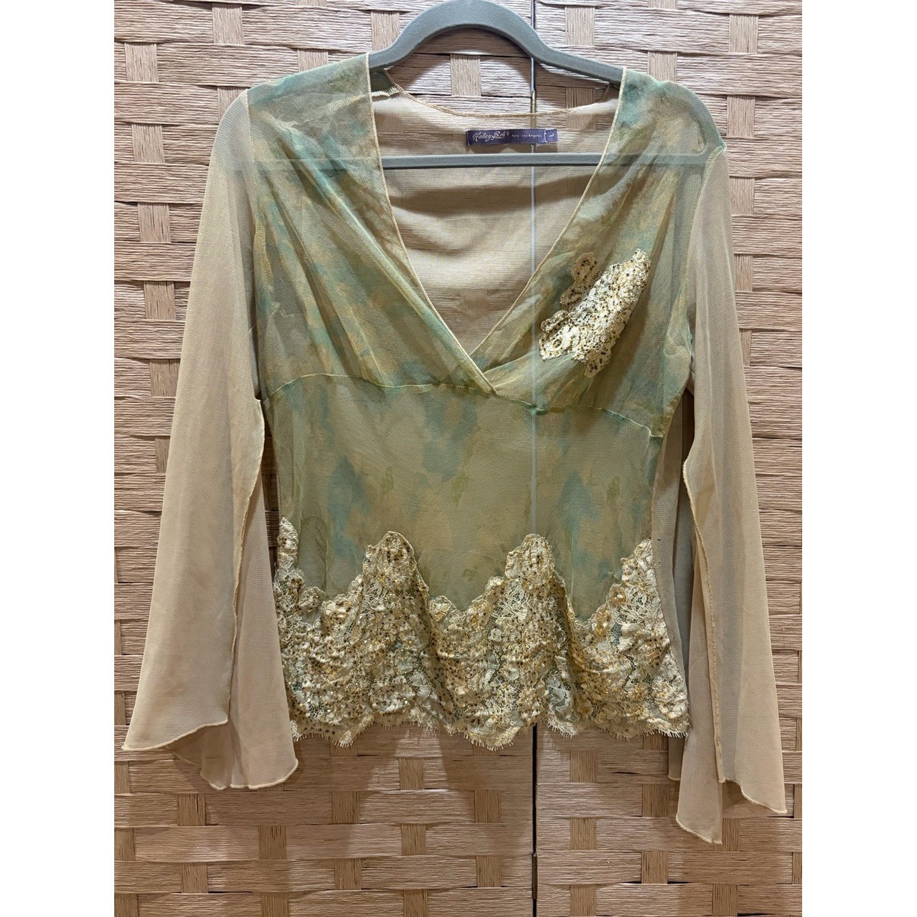 Vintage Y2K Hale Bob Beaded Lace Blouse Sheer Mesh Sage Green Gold Sequin Top L