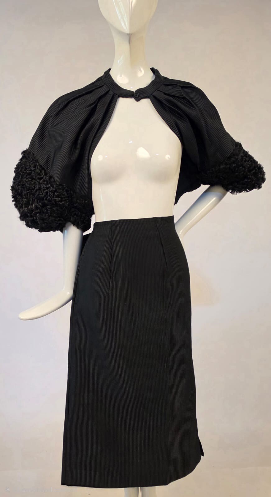 LATE 1930’S THICK BLACK SILK FAILLE SUIT W PERSIAN LAMB TRIMMED CAPE W ARMHOLES
