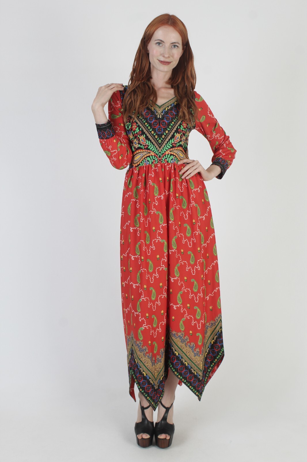 Vtg Colorful Asym Hanky Hem Dress High Low Handkerchief Tapestry Cocktail Party