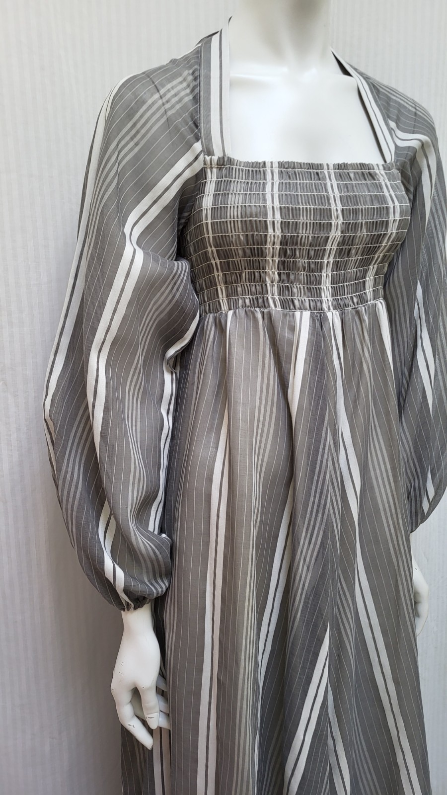 Vintage 1970’s MELISSA LANE Gray Stripe Maxi Dress with Smocking – Size XS/S