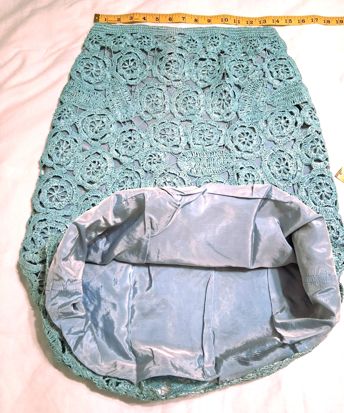 VTG 70s Handmade Crochet Floral Skirt Small 27w Blue 3D Open Knit Hippie Granny