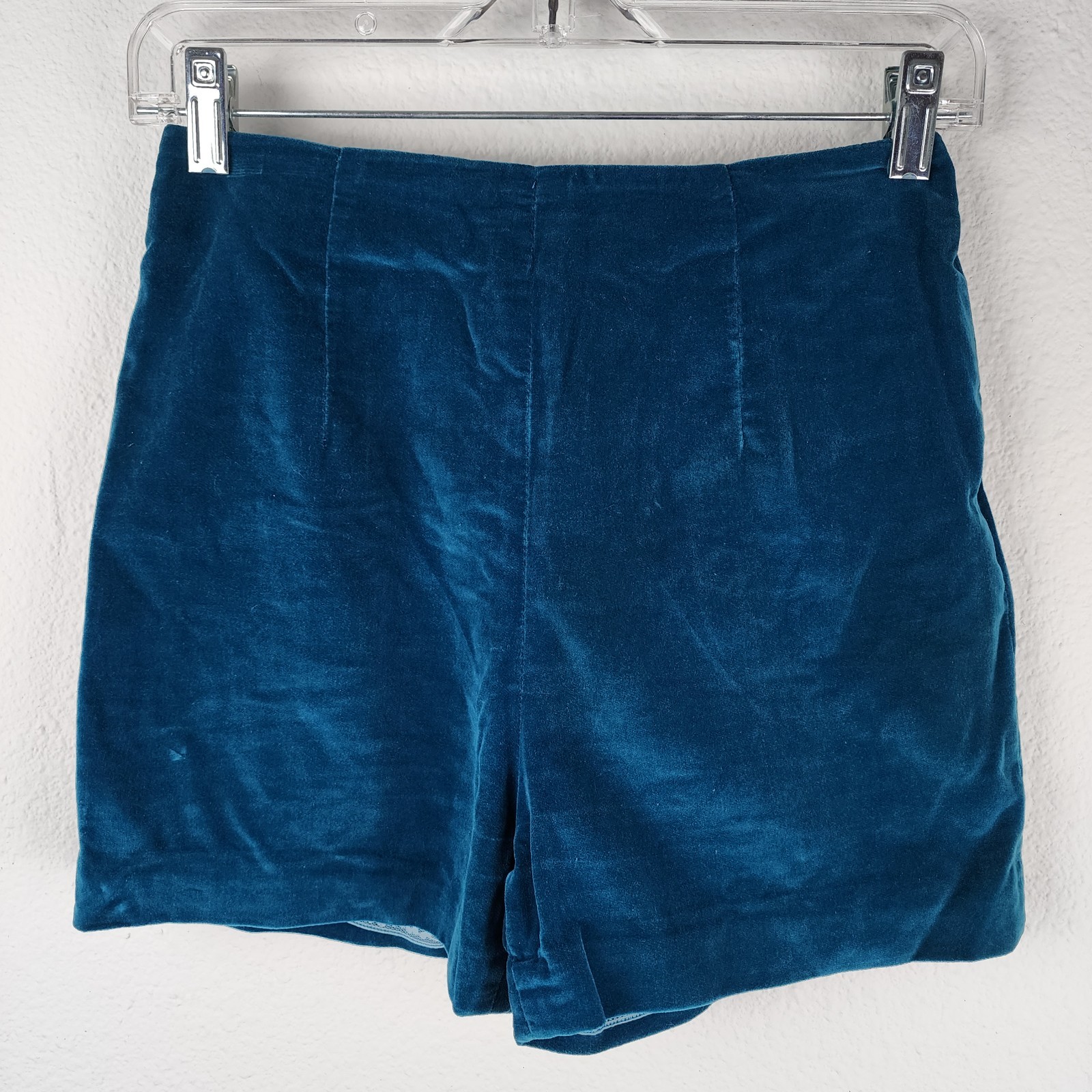 Vtg 60s Mod Go Go Teal Blue Hot Pants Velvet Pin-Up Burlesque Shorts Woodard~XS