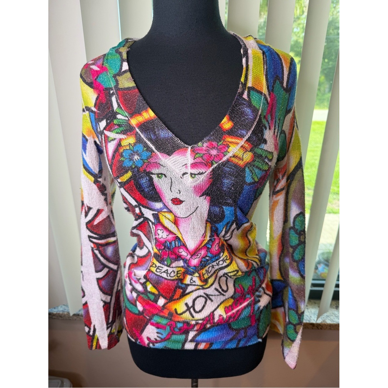 Y2K Vintage Ed Hardy knitted hooded sweater geisha art print Size Large
