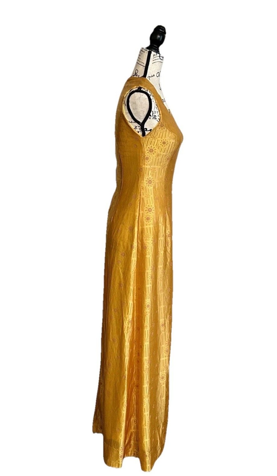 Vintage 60s 70s Mustard Yellow Maxi Dress Floral MCM