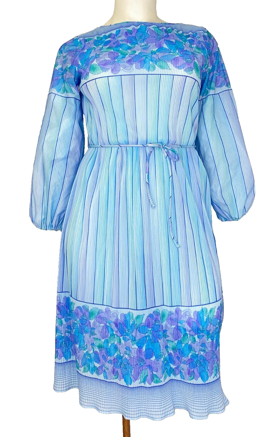 Vintage 1970s blue floral dress sheer striped midi boho long balloon sleeve L