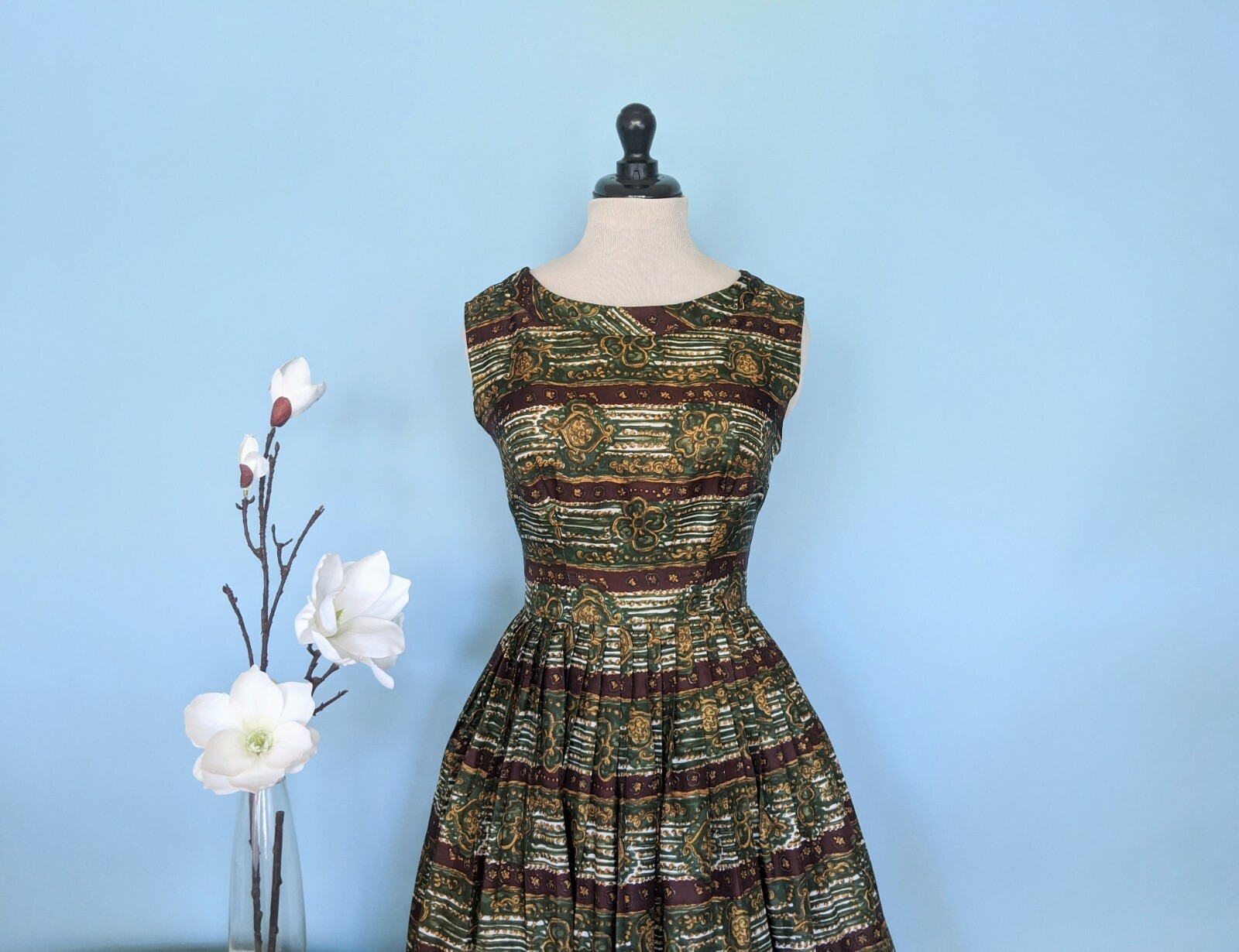 Vintage 50s Novelty Print Silk Day Dress, 1950s Striped Party Dress