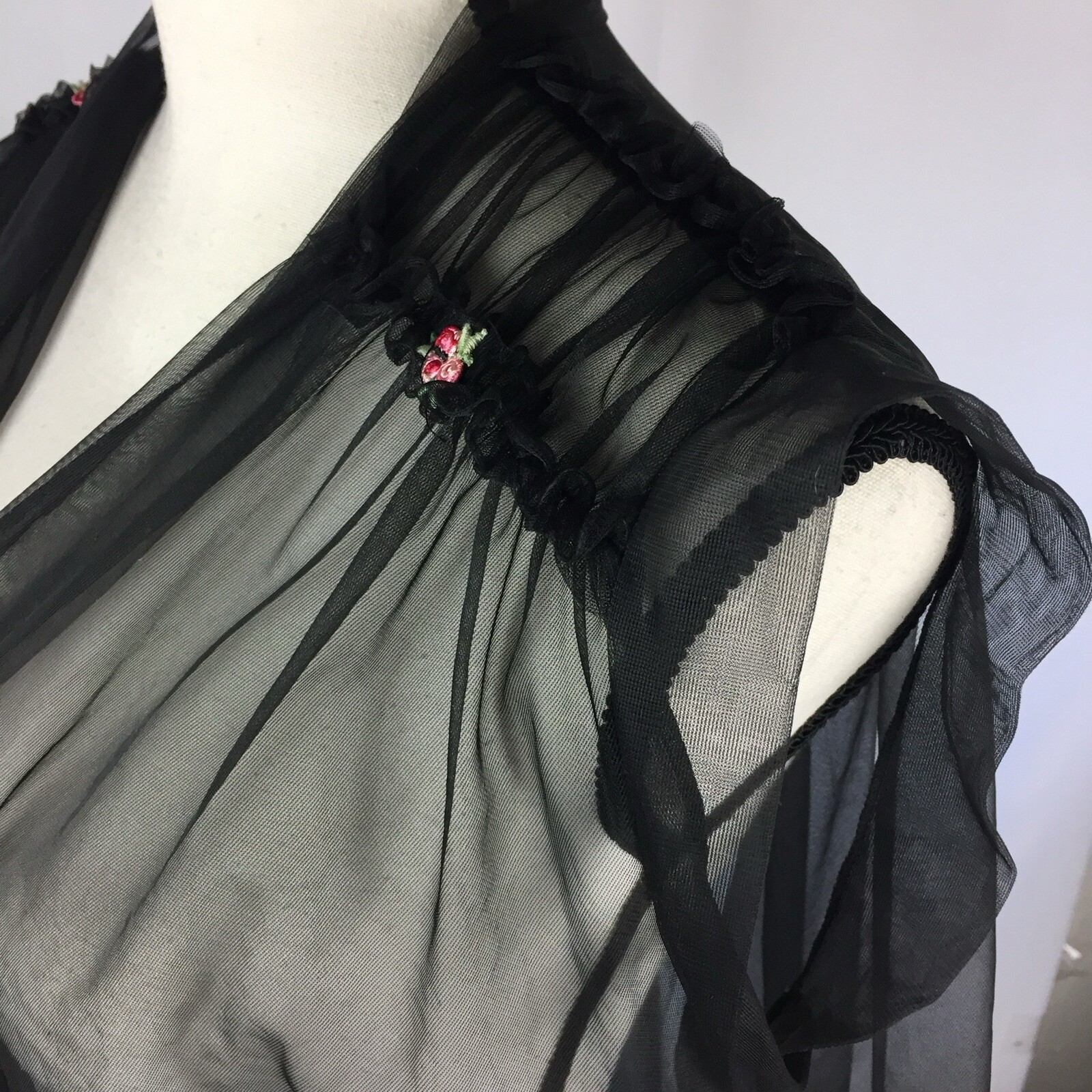 Vintage 60s Black Nylon Small Babydoll Short Robe Bed Jacket Open Front Sheer