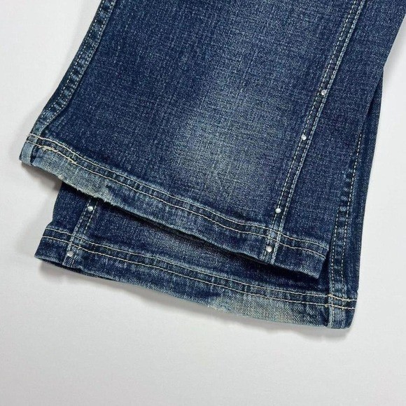 Vintage Y2K Flared Crest Jeans with Rhinestone and Side Seam Embellishments