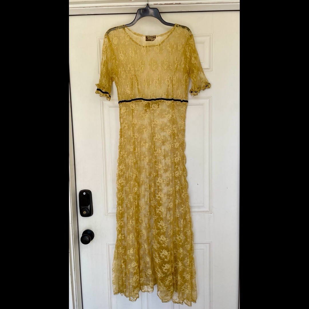 Vintage Sheer Yellow Crinkled Lacy Maxi Dress by Alexander Brown Whimsigoth 1990