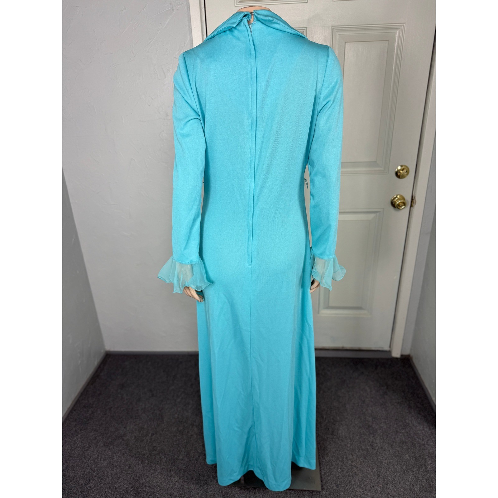 Vintage 70s Dress Bridesmaid Maxi Polyester Knit Party Formal Evening Ruffle NN3
