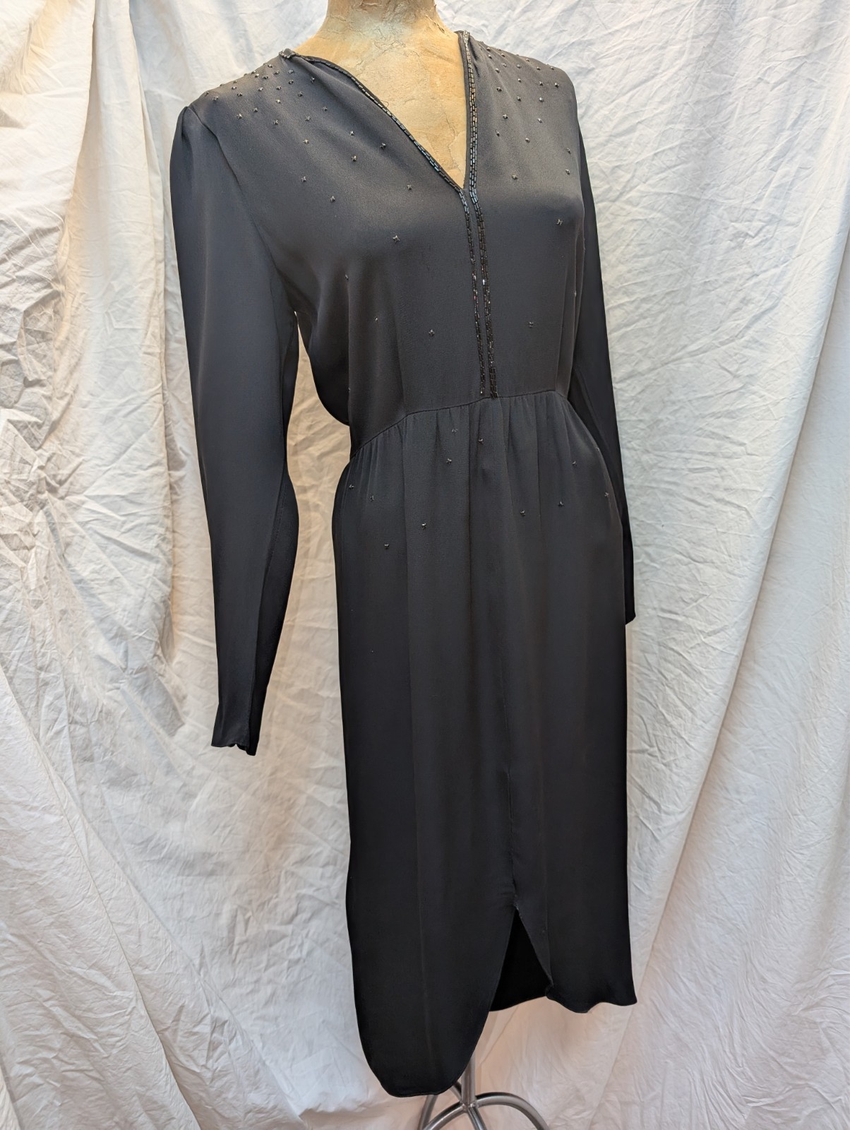 1980s 40s Style Black Rayon Beaded Dress St. Gillian Kay Unger Size S