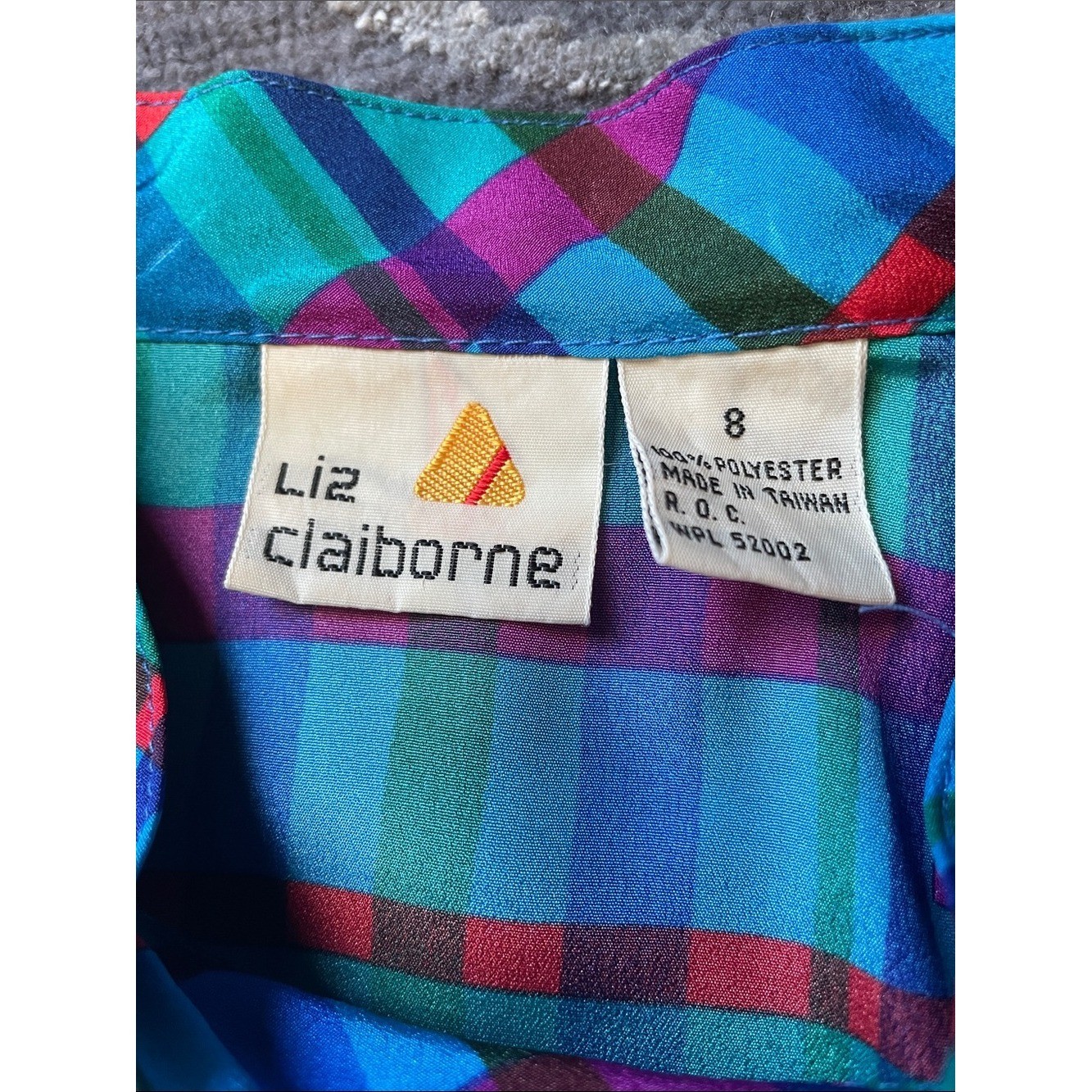 Vintage Liz Claiborne Plaid Blouse Teal Purple Green Red Button Side Panel Sz 8