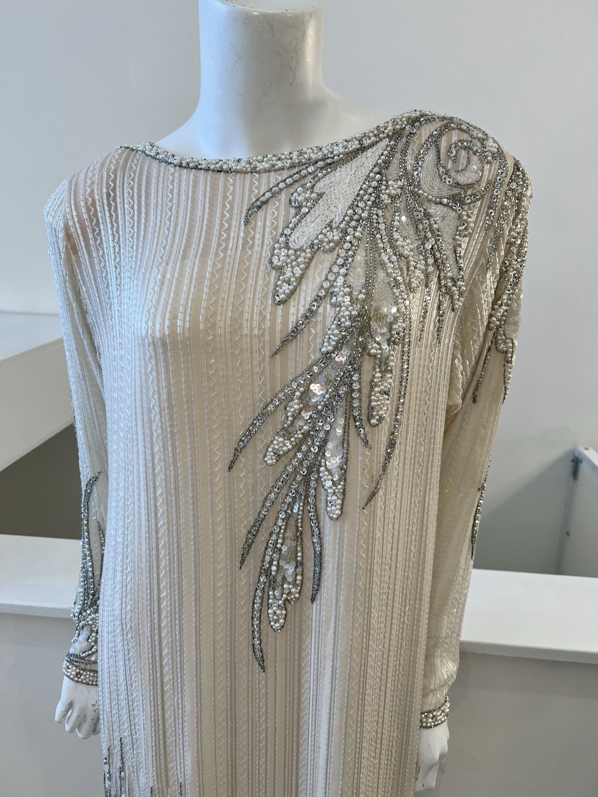 1980s BOB MACKIE Cream & Silver Beaded Silk Evening Dress Size 12