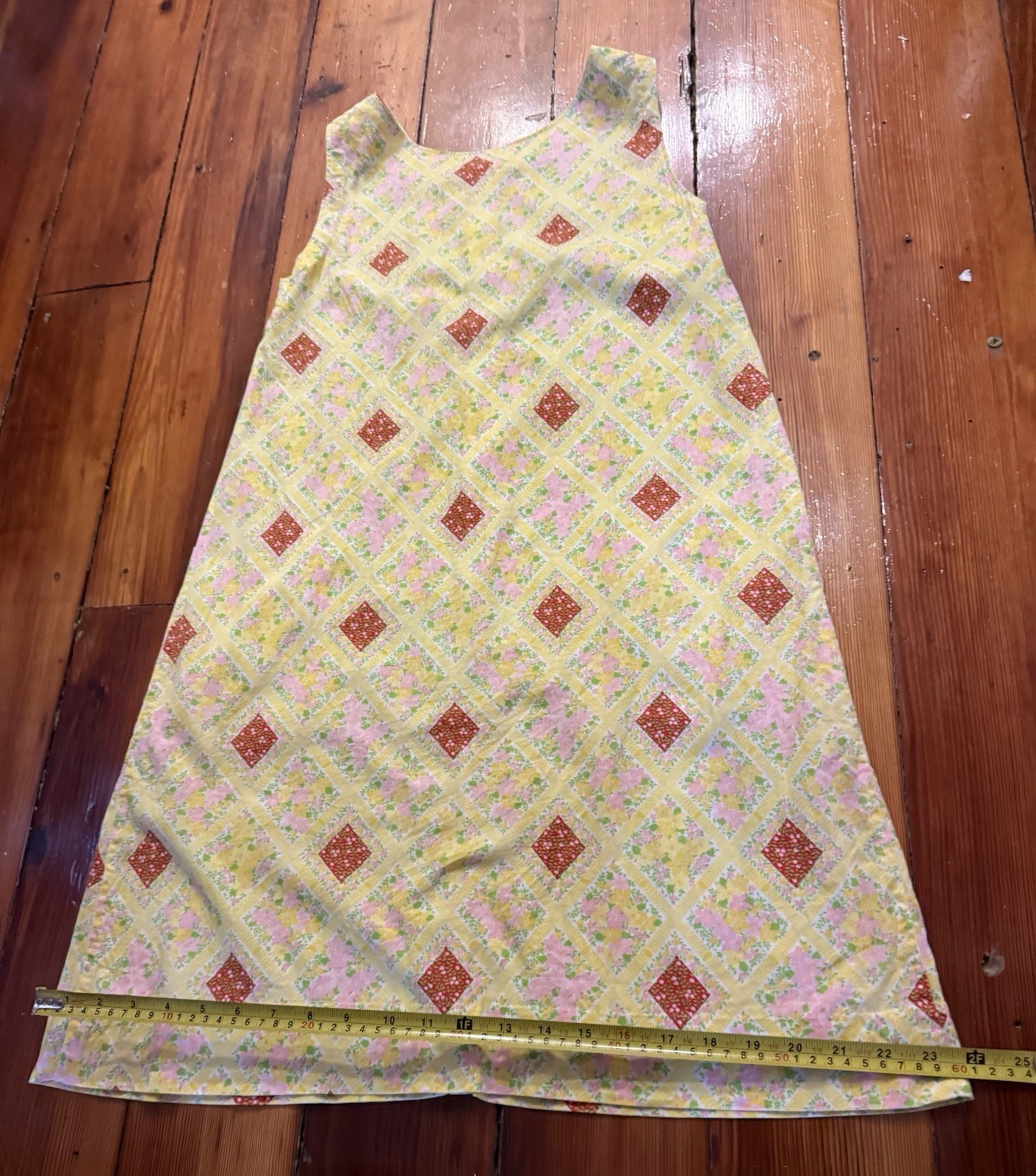 Vintage 1960s Women’s Homemade Shift House Dress Yellow W/ Flowers