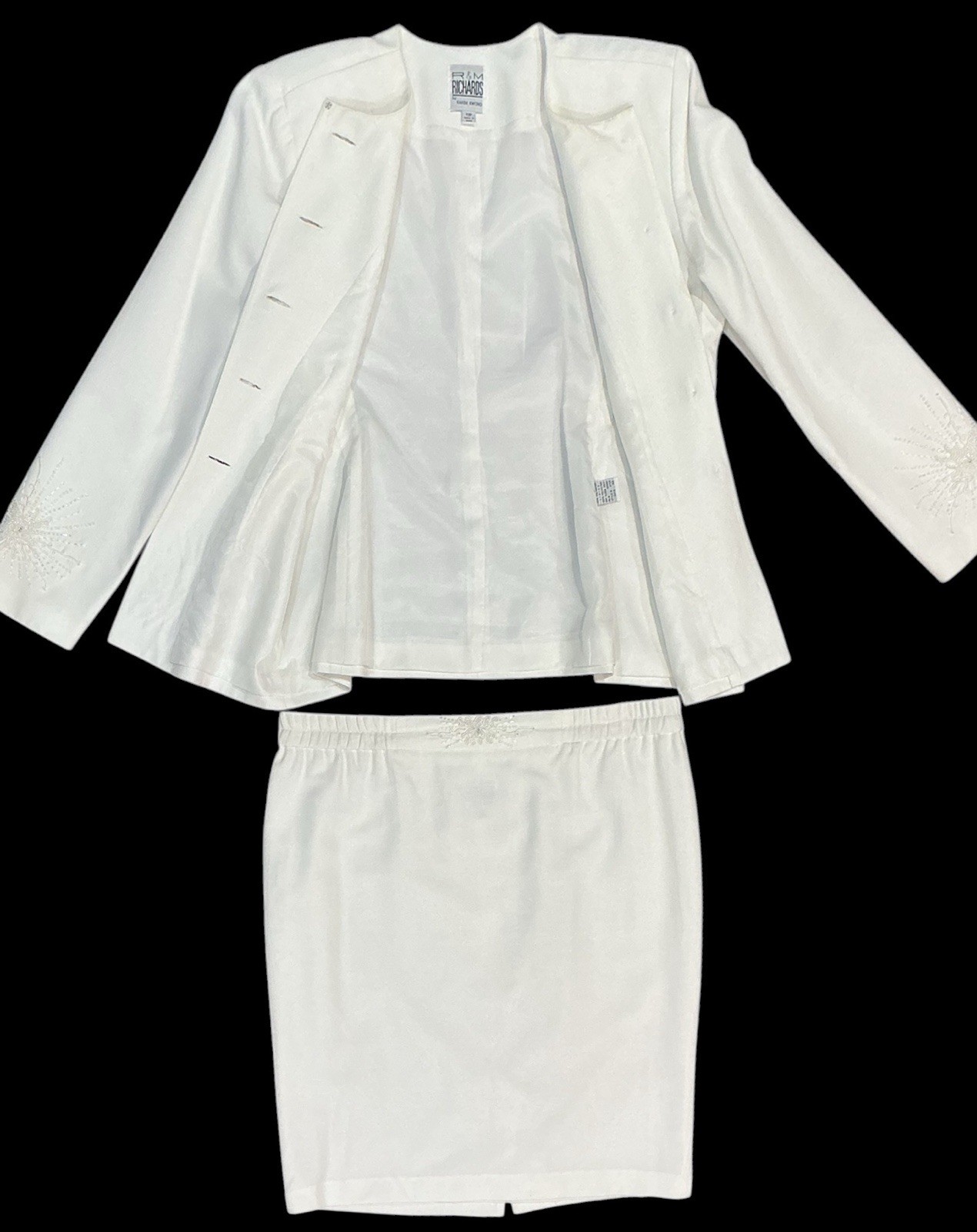 R & M Richards by Karen Kwong 10P White Beaded Two Piece Skirt Suit Set Jacket &