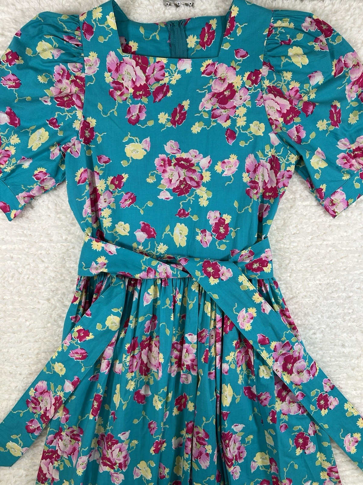 Vintage 90’s Laura Ashley Floral Dress Teal Pink Cotton UK 10 US 8 Belted