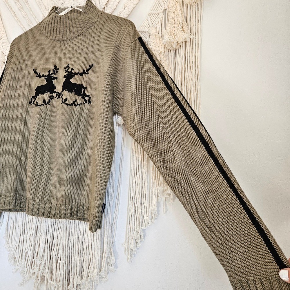 Vintage Obermeyer Ski Sweater Reindeer Knit Wool Blend Mock Neck Nordic Womens L