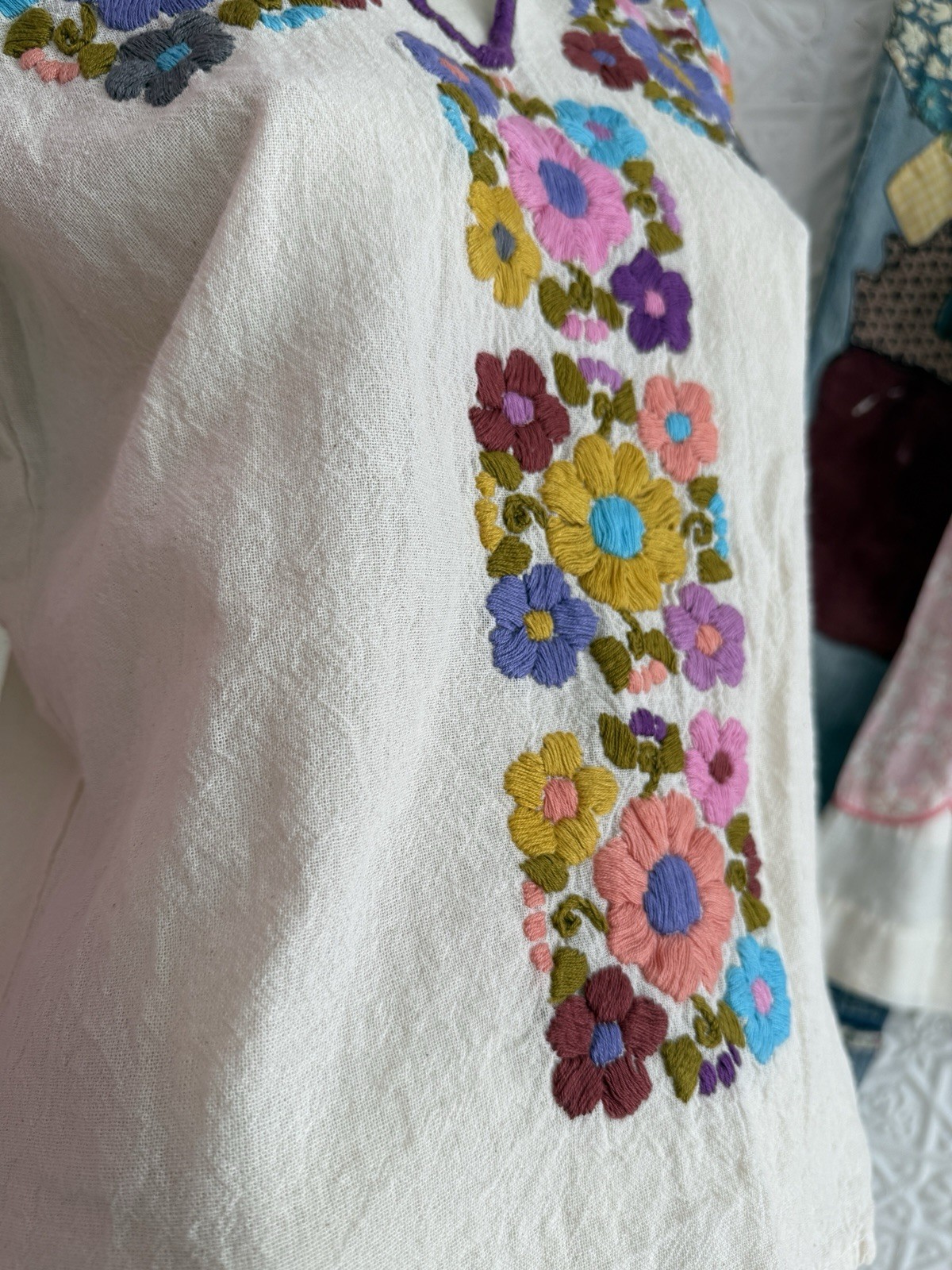bohemian hand embroidered natural hippie top-vintage 1970s late 1960s floral