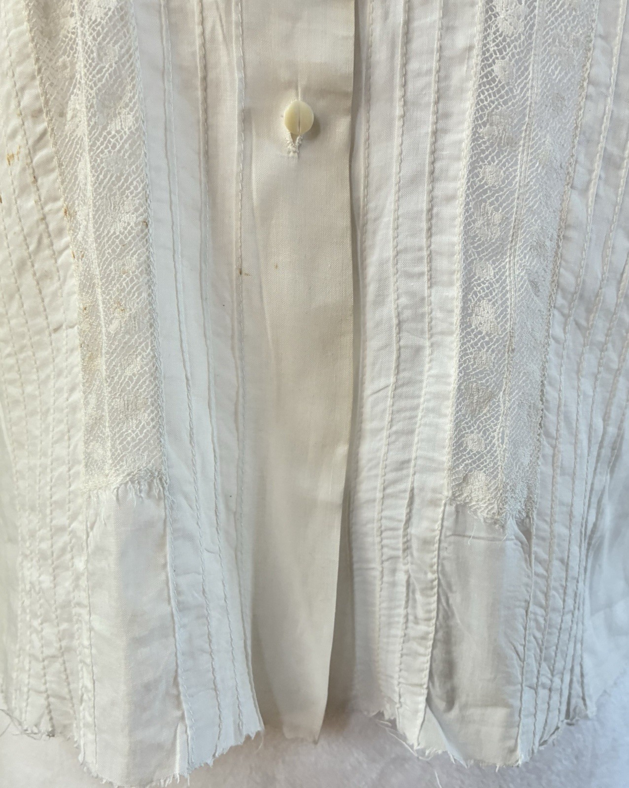 Vintage Handmade 40s White Pintuck Lace Button Up Blouse Top Size M