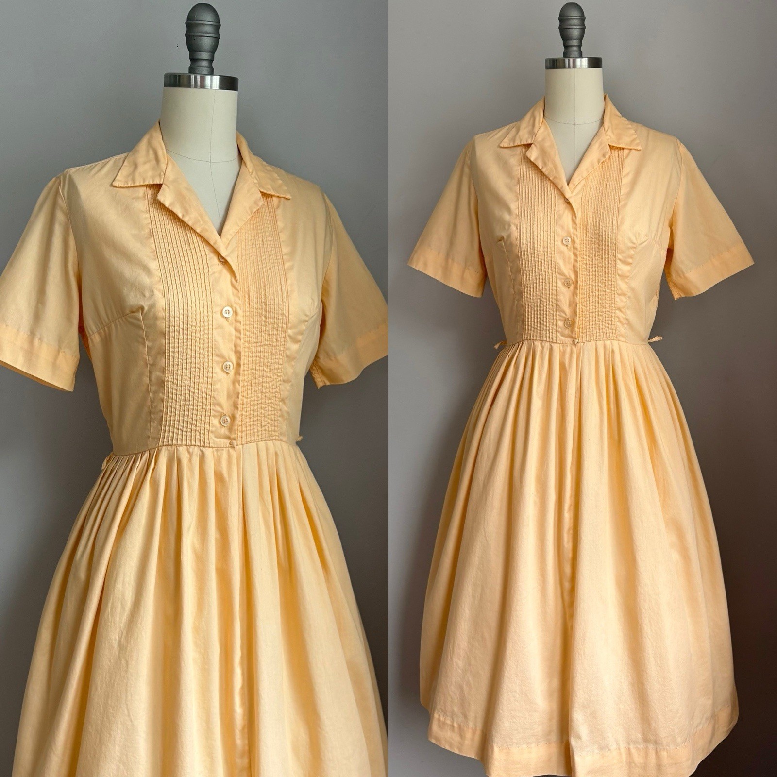 Vintage 1960’s Apricot Pintuck Cotton Shirtwaist Classic Dress Size XS