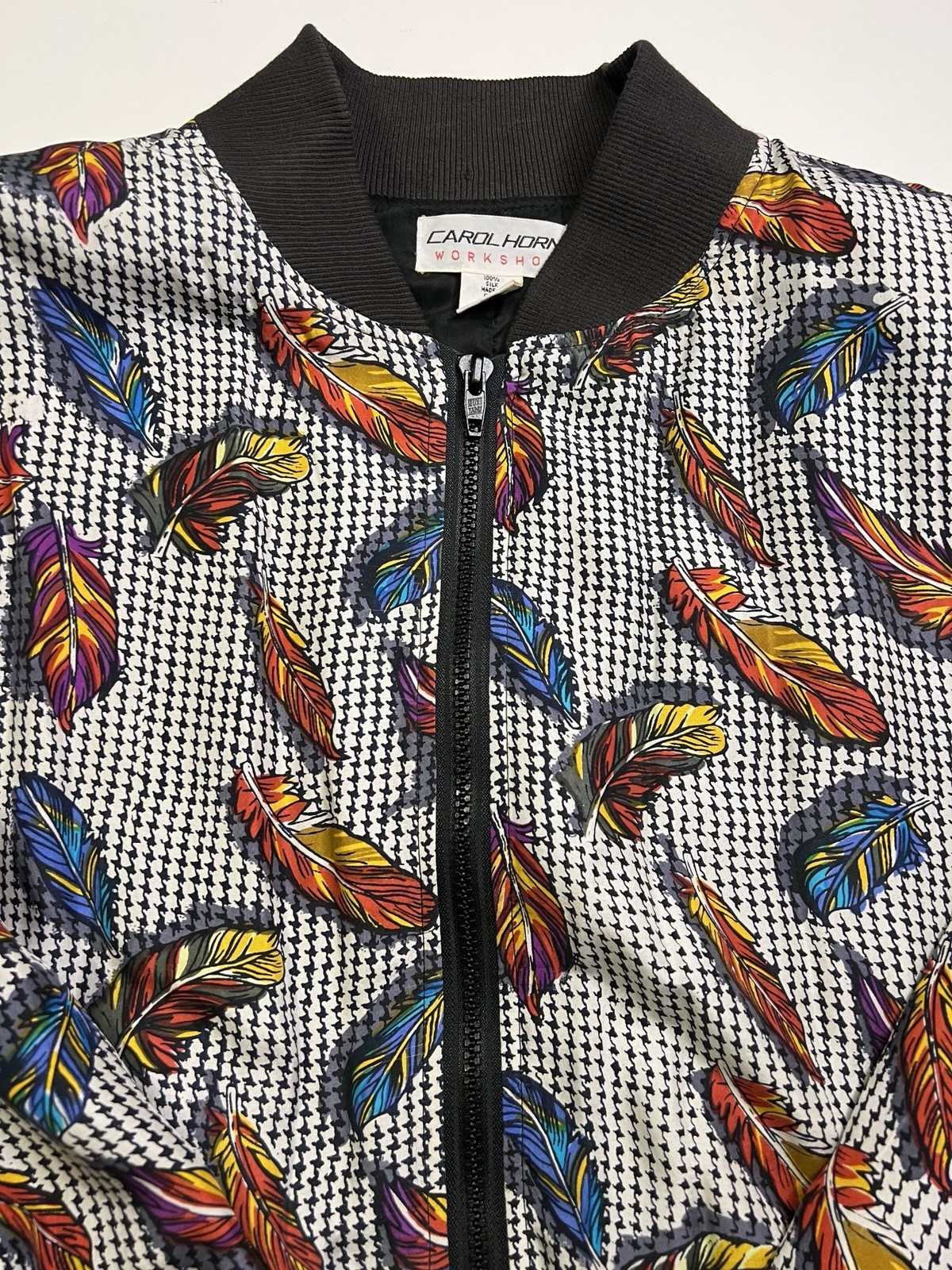 VTG 80s 100% Silk Bomber Jacket Carol Horn Feather Print W Sz M Oversized Retro