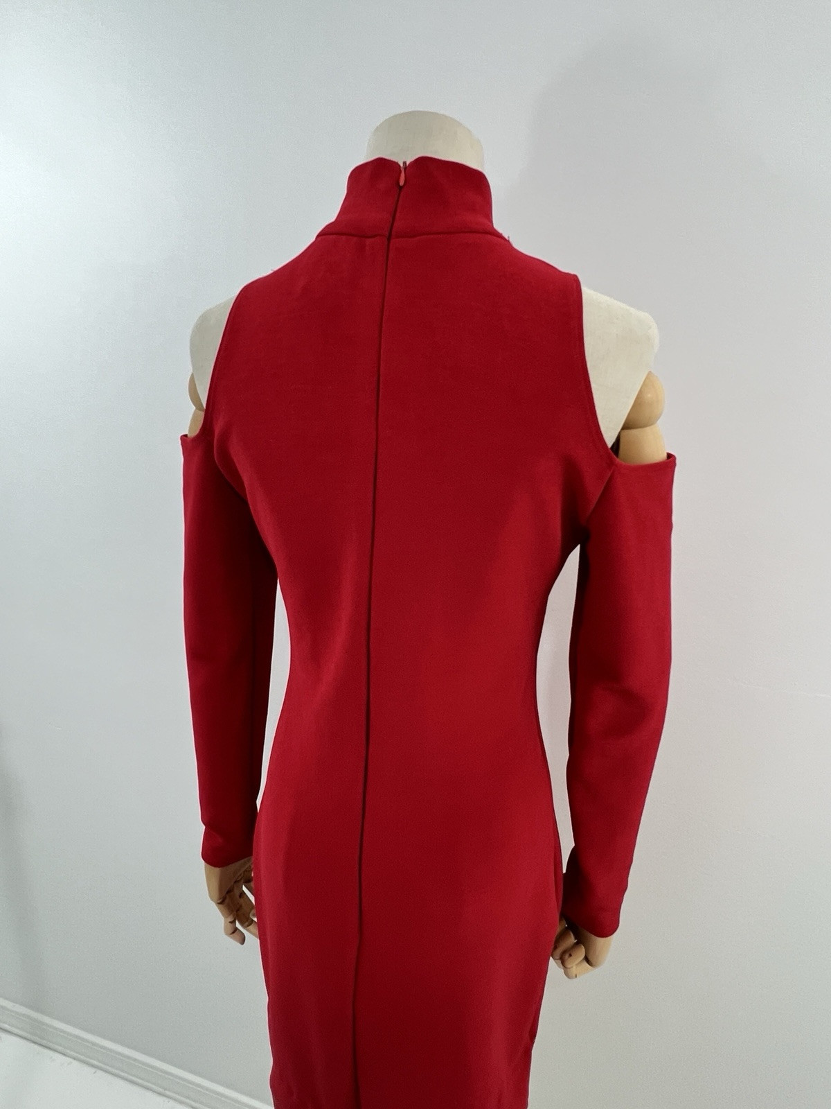 VTG Expo Night Dress Red Bodycon Cold Shoulder Long Sleeve 80s 90s Red 8 Stretch